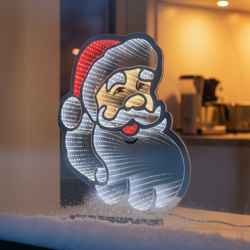 LED-nissedekor lyser i et vindu med snø på karmen og varmt lys inne.