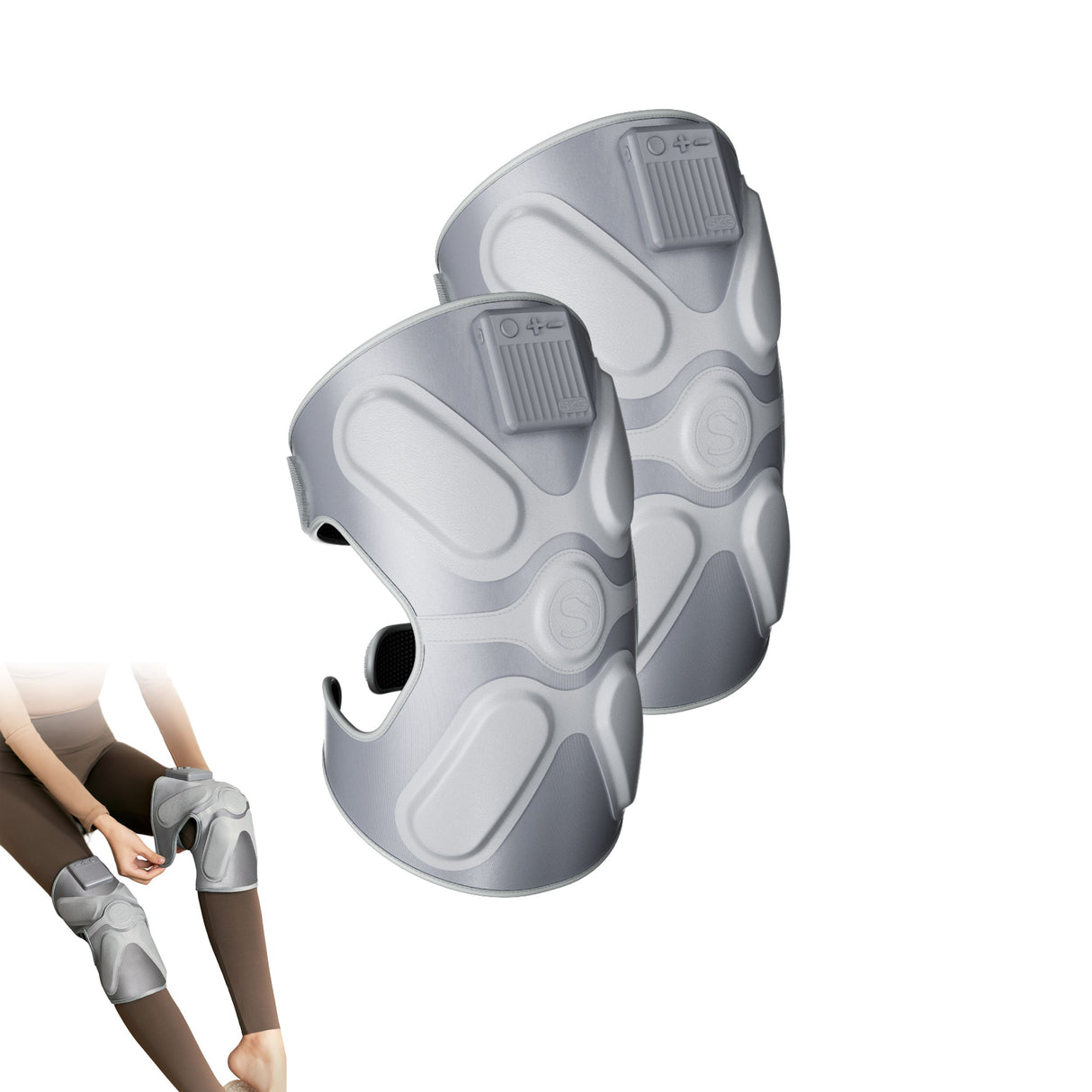 Elektrisk kne massasjeapparat med varme- og kompresjonsfunksjon.