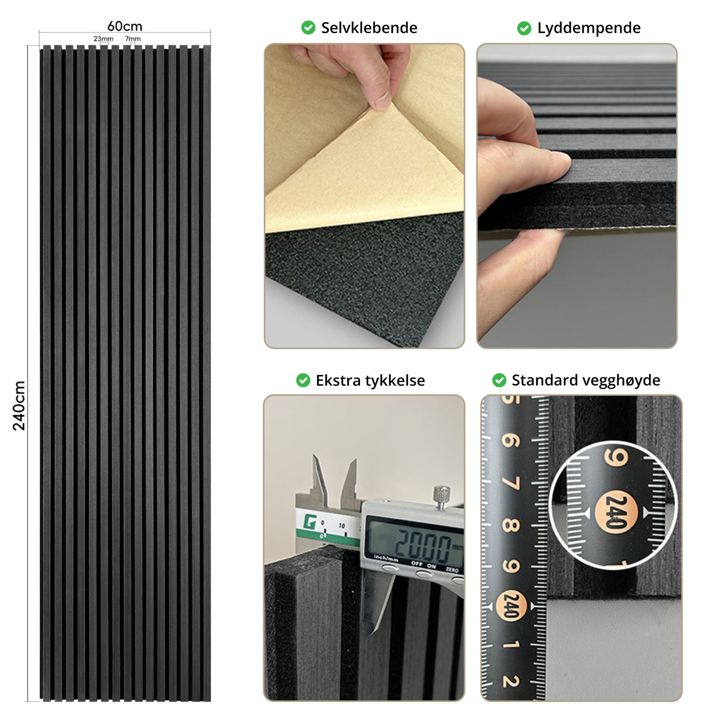 Selvklebende, lyddempende, ekstra tykk og standard vegghøyde