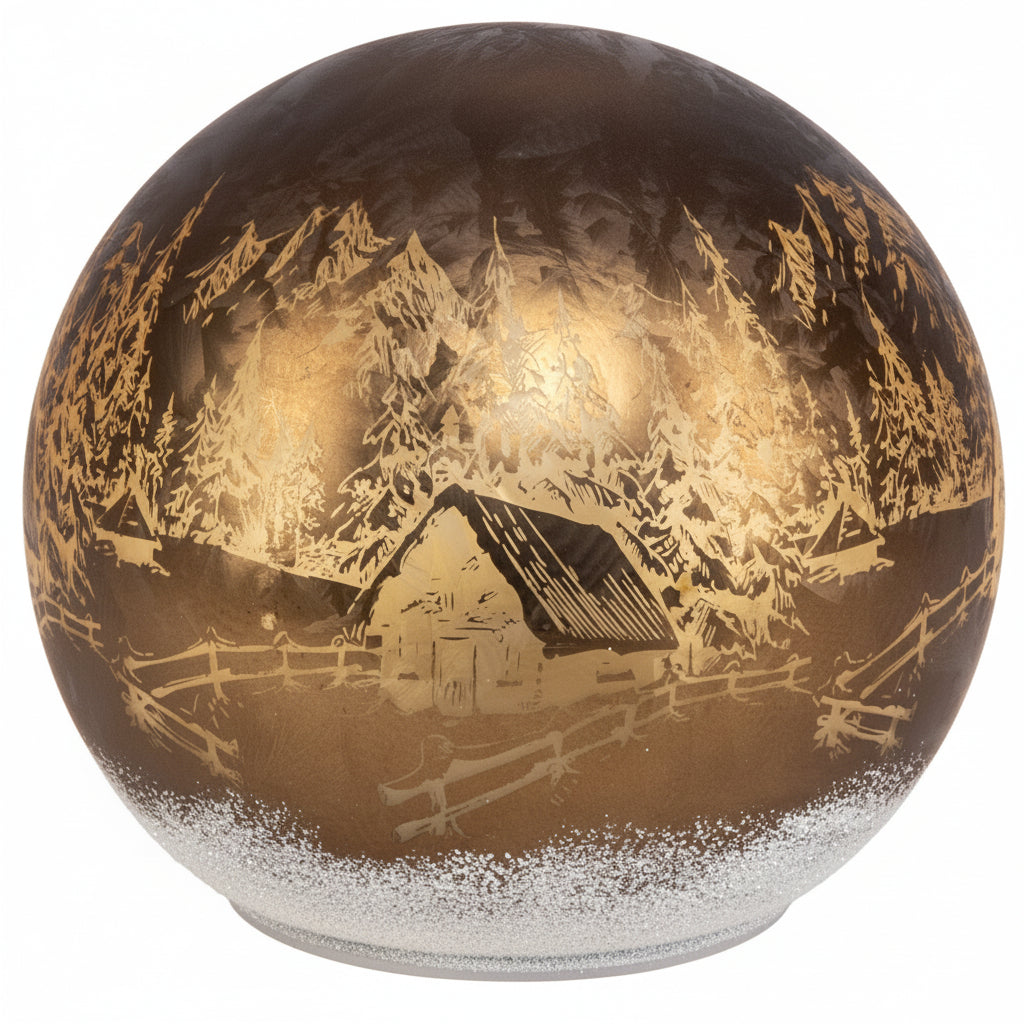 Lysende kulelampe med motiv av fjellhytte omgitt av trær og fjell.