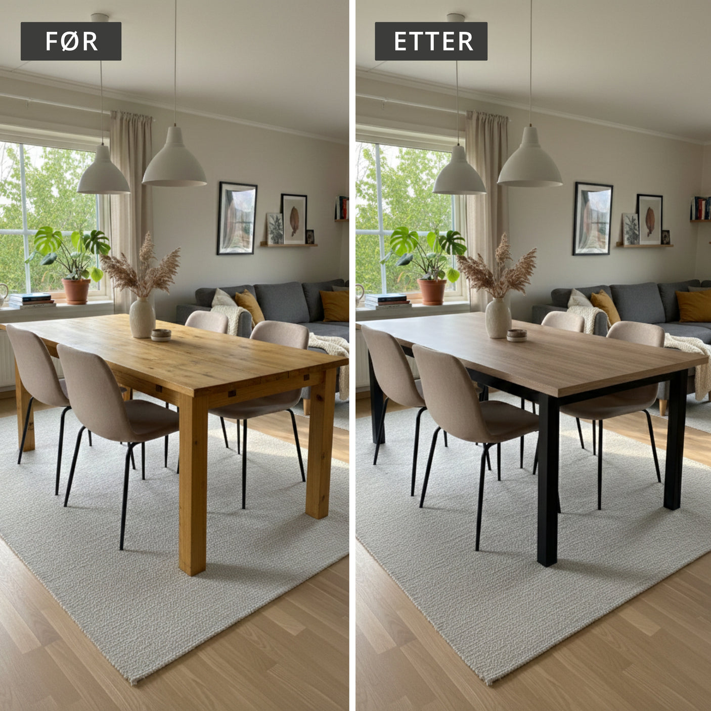 før og etter oppussing av spisebord med bristol oak kontakplast fra lindas dekor