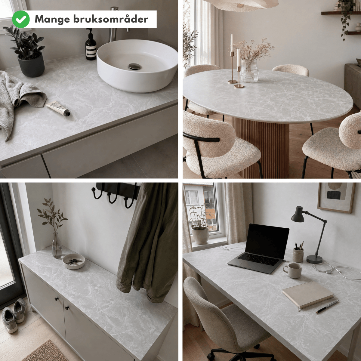 Bruksområder for Limestone mist kontaktplast: baderomsbenk, spisebord, kommode i entré og skrivebord i lys grå stein