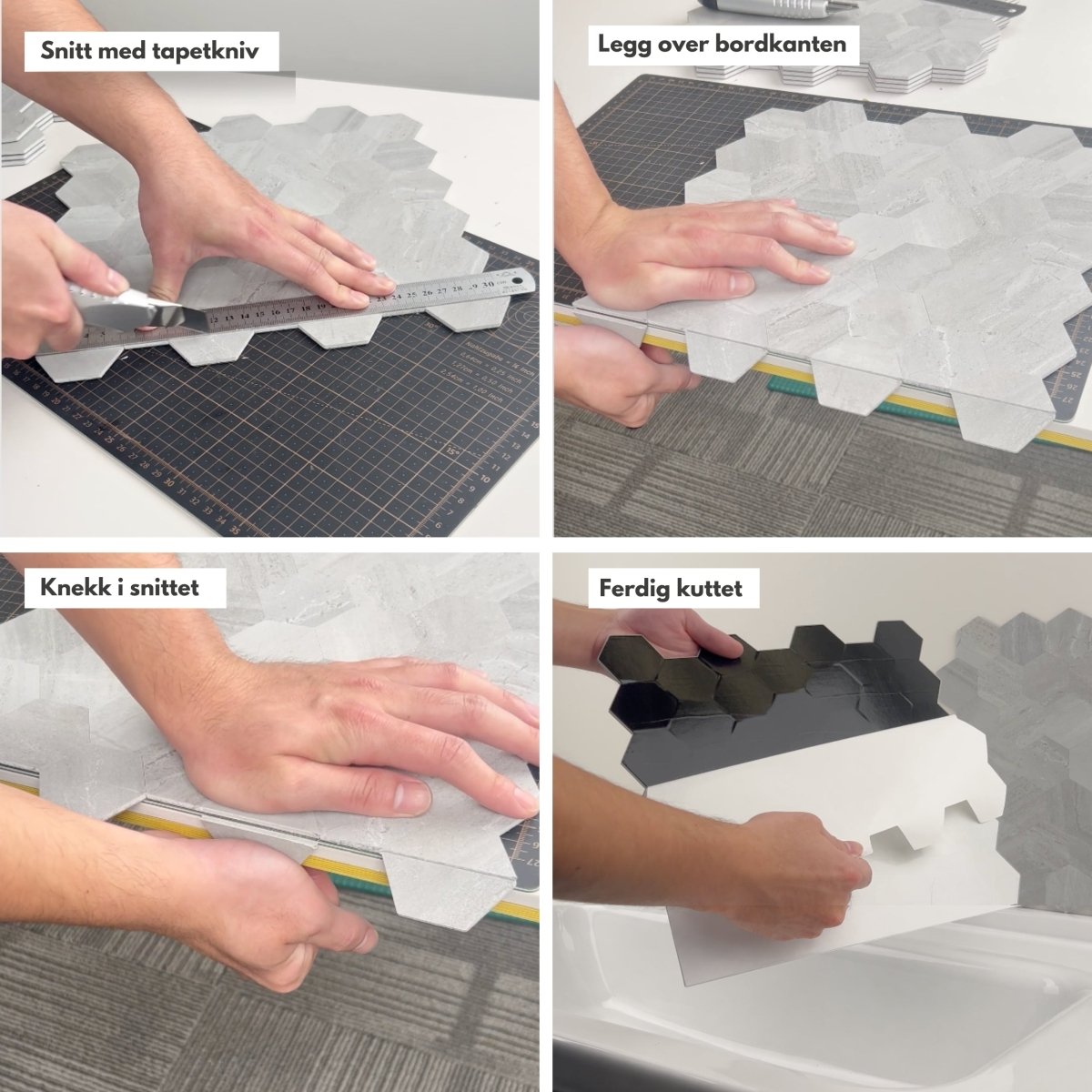 Slik kutter du EasyTiles Pro selvklebende vinylfliser kuttes enkelt med tapetkniv