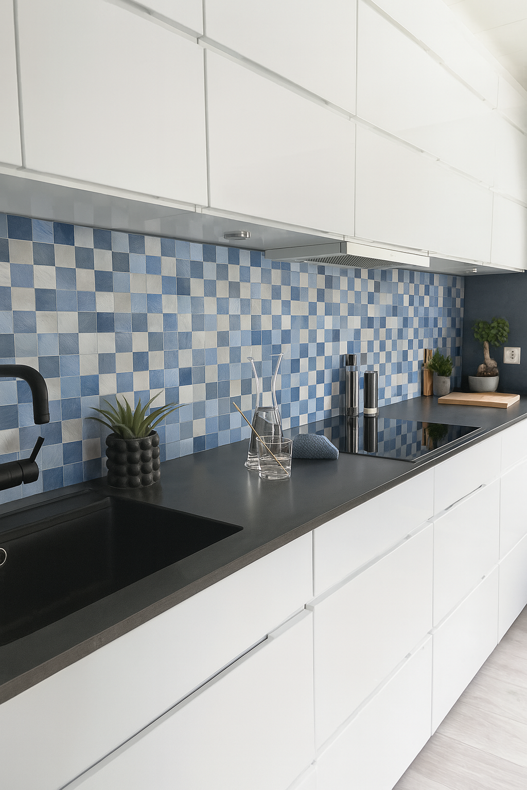 Lykke kvadratiske selvklebende fliser i blått og sølv montert på kjøkkenvegg