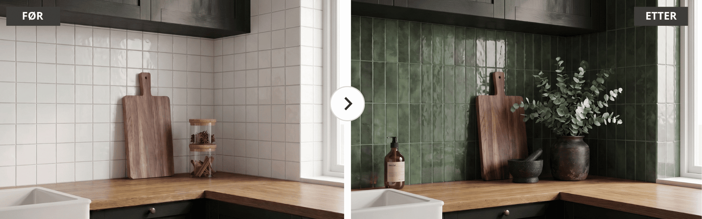 Før og etter backsplash kjøkken med selvklebende vinyl fliser realistisk grønn finish