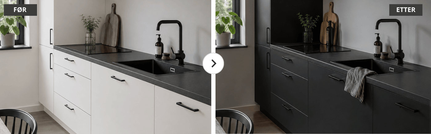 Før- og etterbilde av kjøkken med slette skapfronter – hvite kjøkkenskap forvandlet til moderne sort matt finish med selvklebende folie.