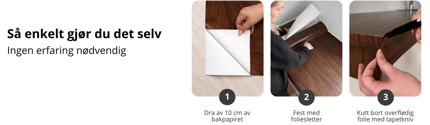 Steg-for-steg montering av treverk kontaktplast på bordplate – trekk av bakpapir, fest folien og kutt bort overflødig materiale.
