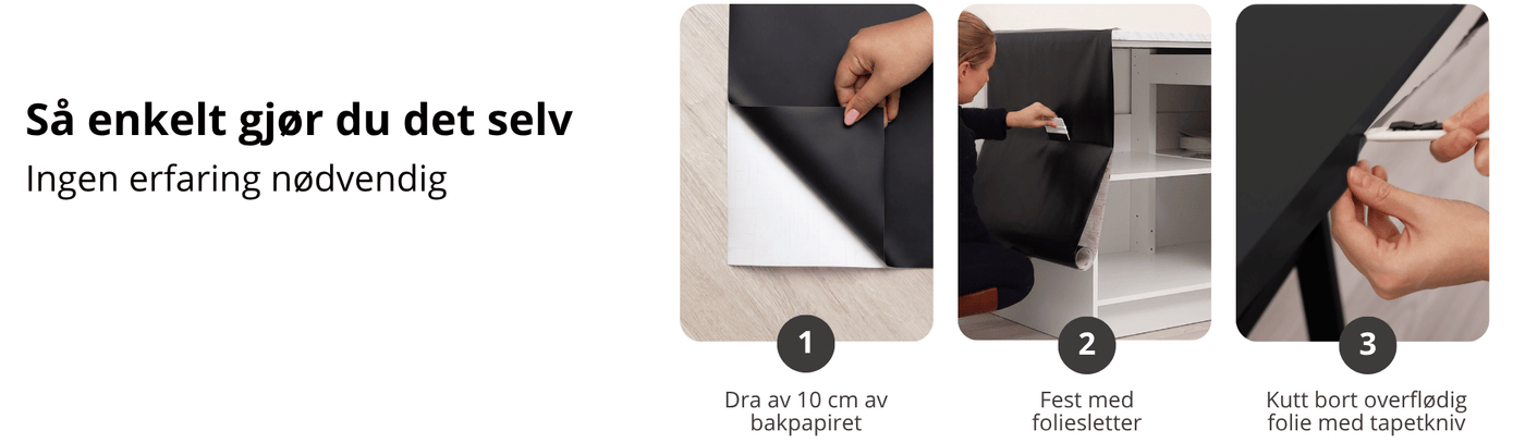 Steg-for-steg guide til montering av sort kontaktplast på skapfronter – trekk av bakpapiret, fest folien og kutt bort overflødig materiale.