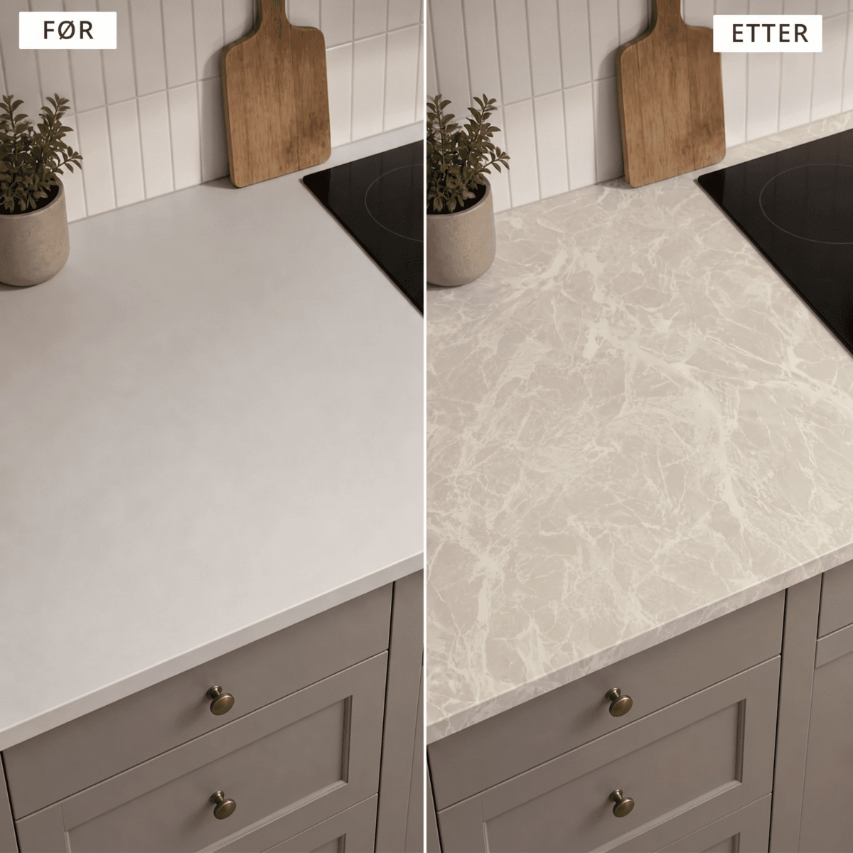 Før og etter: hvit benkeplate på grått kjøkken fornyet med Limestone crema kontaktplast