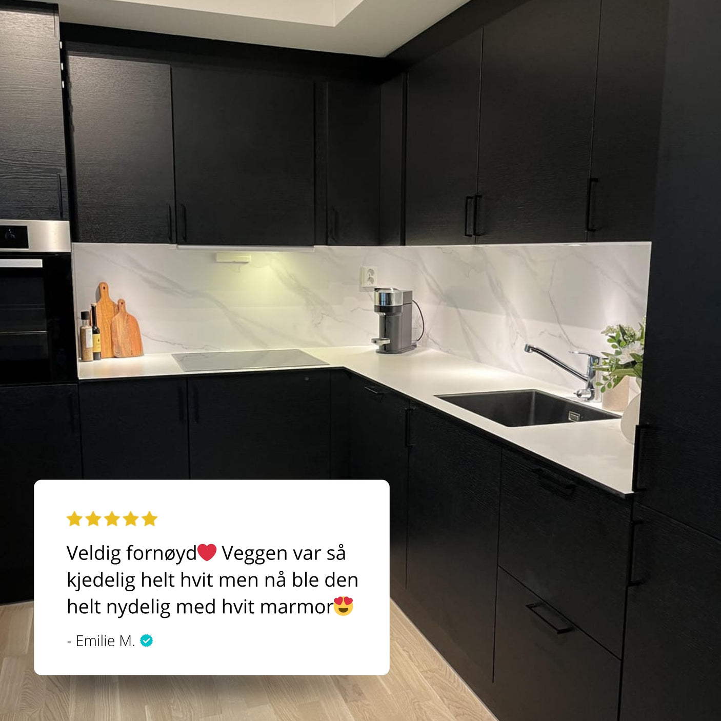 Erfaring med kontaktplast fra Lindas Dekor. Kundebilde av marmor klassisk hvit