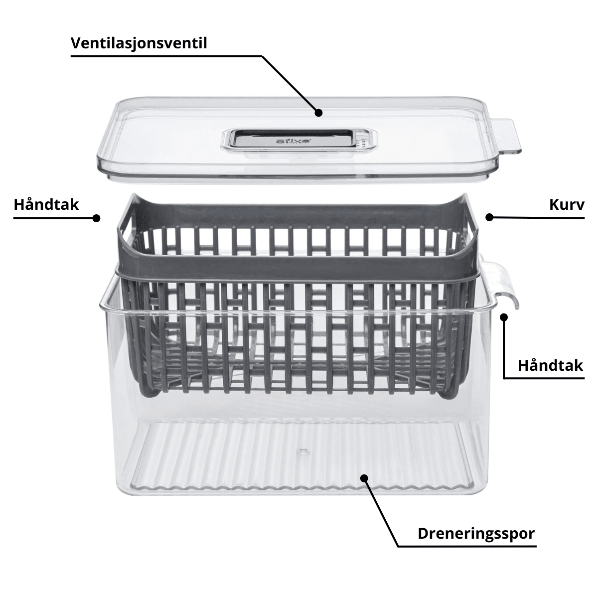 Kjøleskapsboks med lokk, ventilasjon, uttakbar kurv og dreneringsbunn