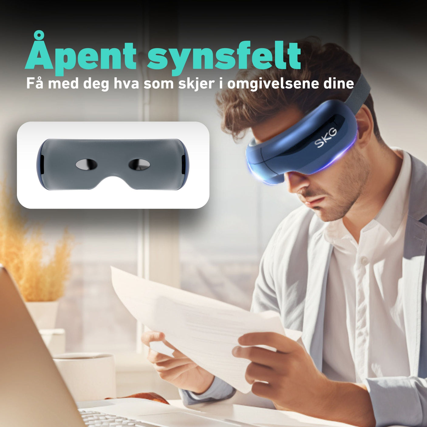 Trådløs og oppladbar massasjemaske for fleksibel bruk.