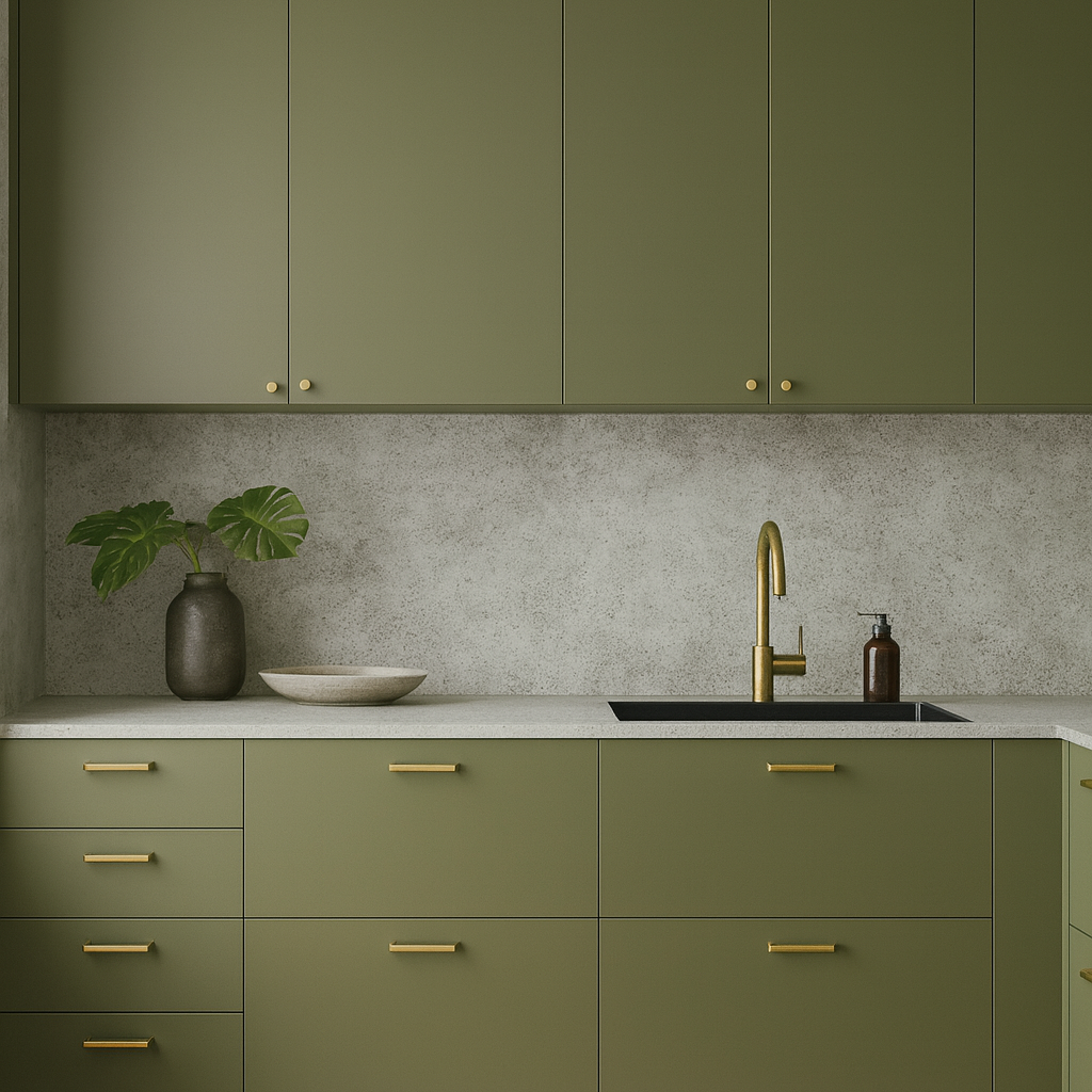 Moderne kjøkken med grønne skapdører og messinghåndtak, dekorert med Sandra betong kontaktplast som realistisk betongmønstret backsplash for et stilrent og industrielt preg