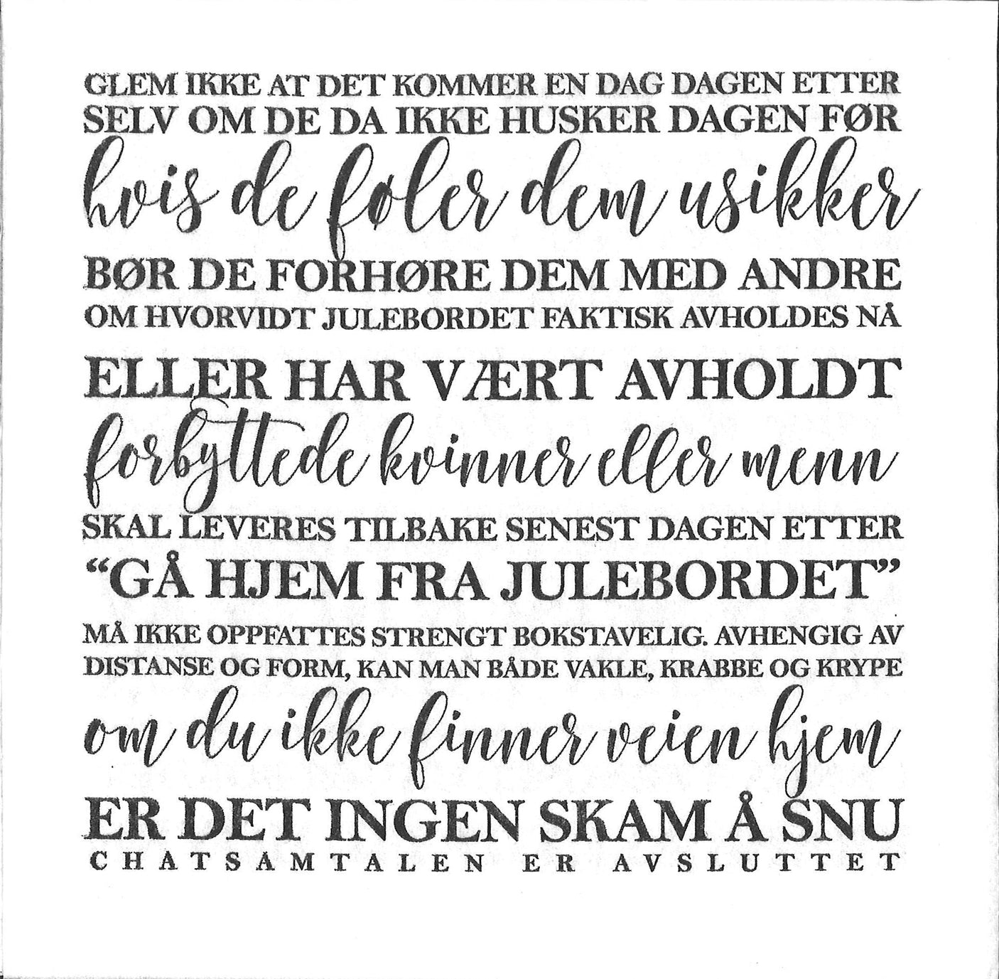 Hvit papirserviett med morsomme regler for julebord i ulike skrifttyper.