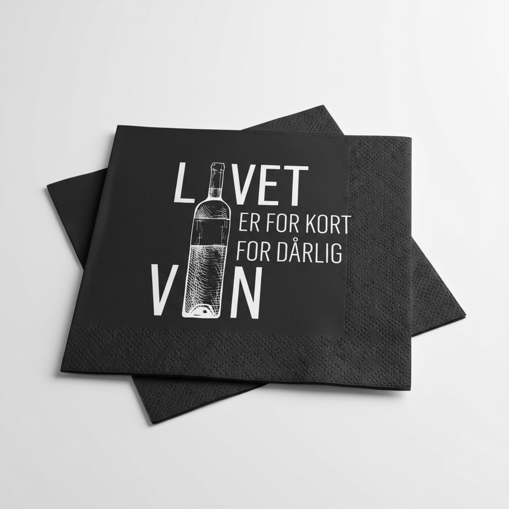 Serviett Livet er for kort for dårlig vin svart med hvit tekst