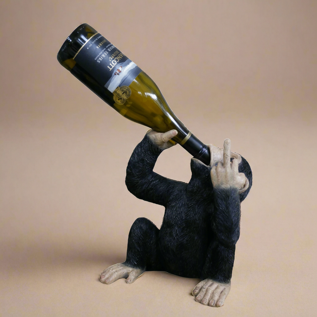 Humoristisk vinholder formet som apekatt i sort og brun fra Lindas Dekor