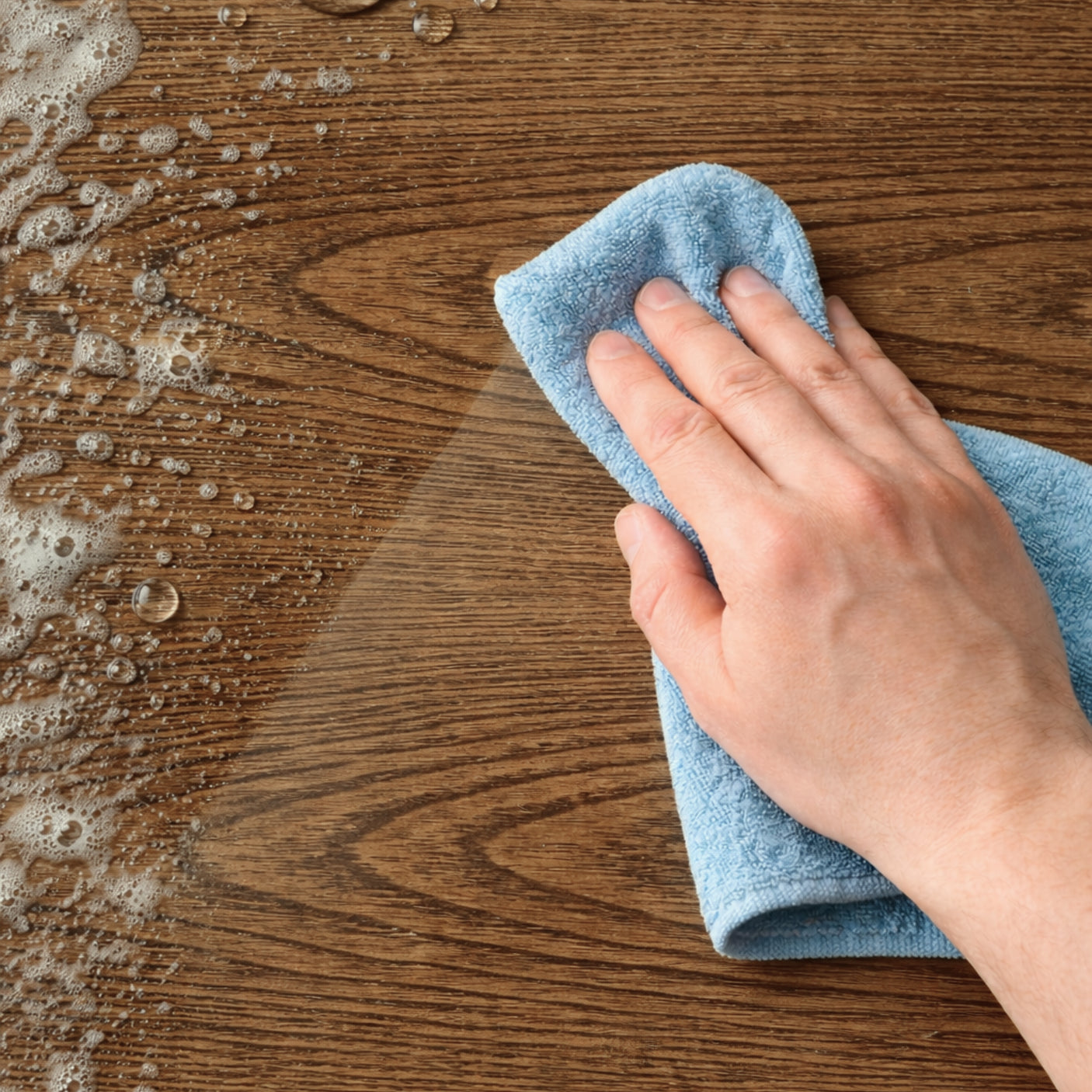 Hånd som tørker av London Oak kontaktplast med klut og såpevann – vannavstøtende, slitesterk overflate som er enkel å rengjøre.