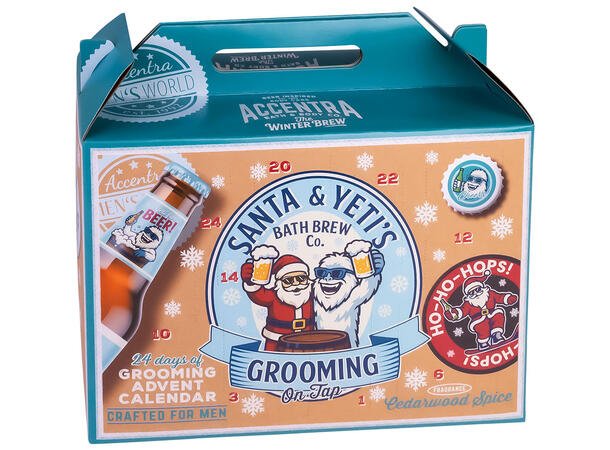 Adventskalender med 24 luckor i turkis och oransje presentlåda, med tomte, öltema och dekorativa julillustrationer.