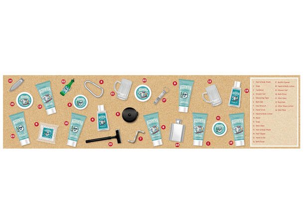 Översikt över de 24 luckorna i adventskalendern med öltema, illustrationer av groomingprodukter och julmotiv.