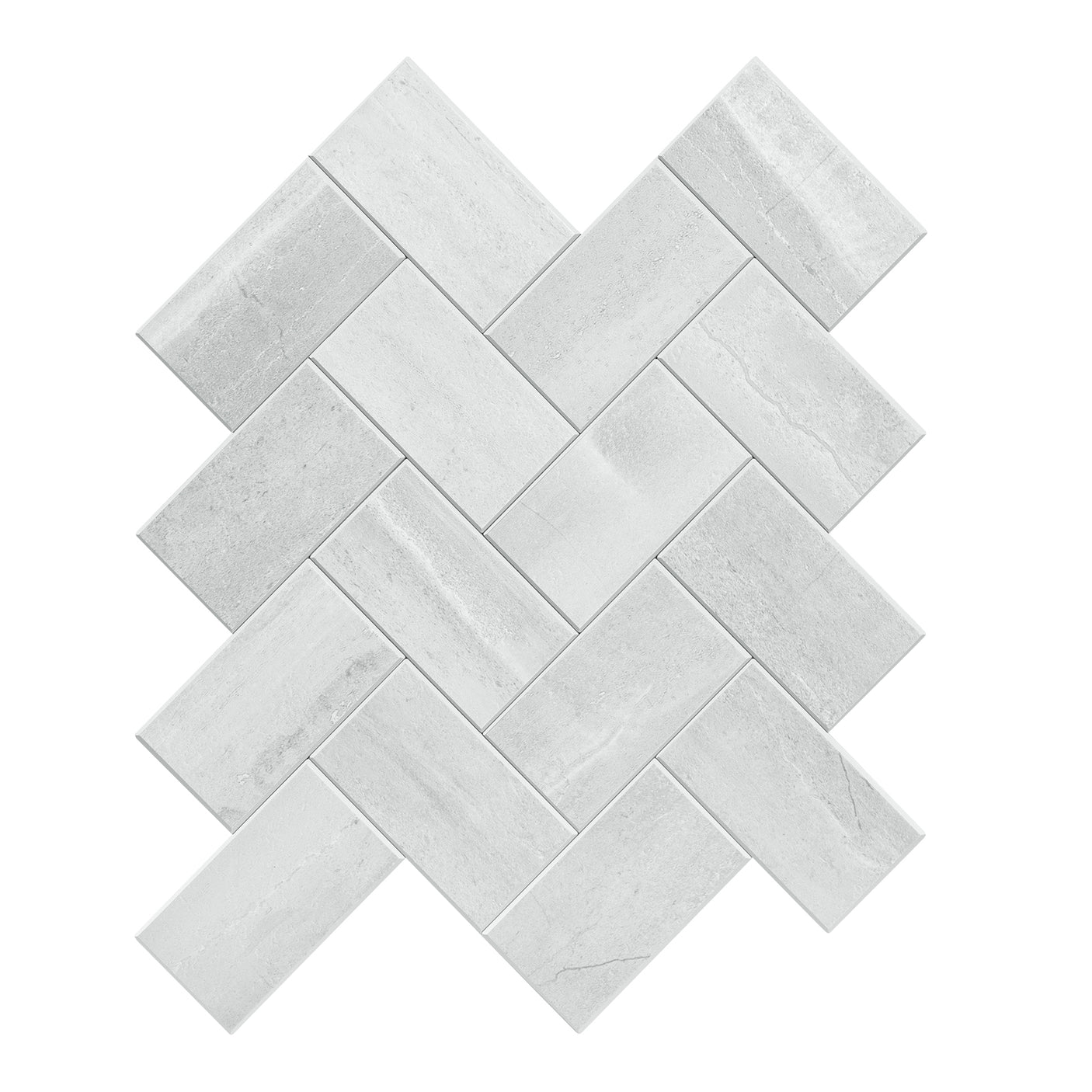 Vilde selvklebende fliser i lysegrått med fiskebensmønster.