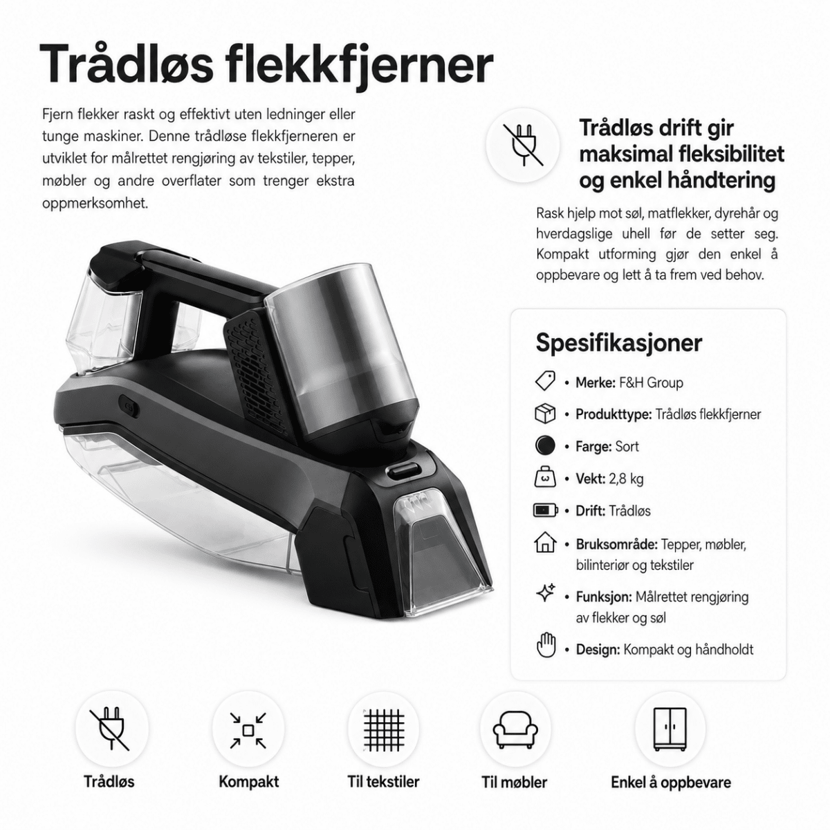 Trådløs flekkfjerner med oversikt over funksjoner og spesifikasjoner