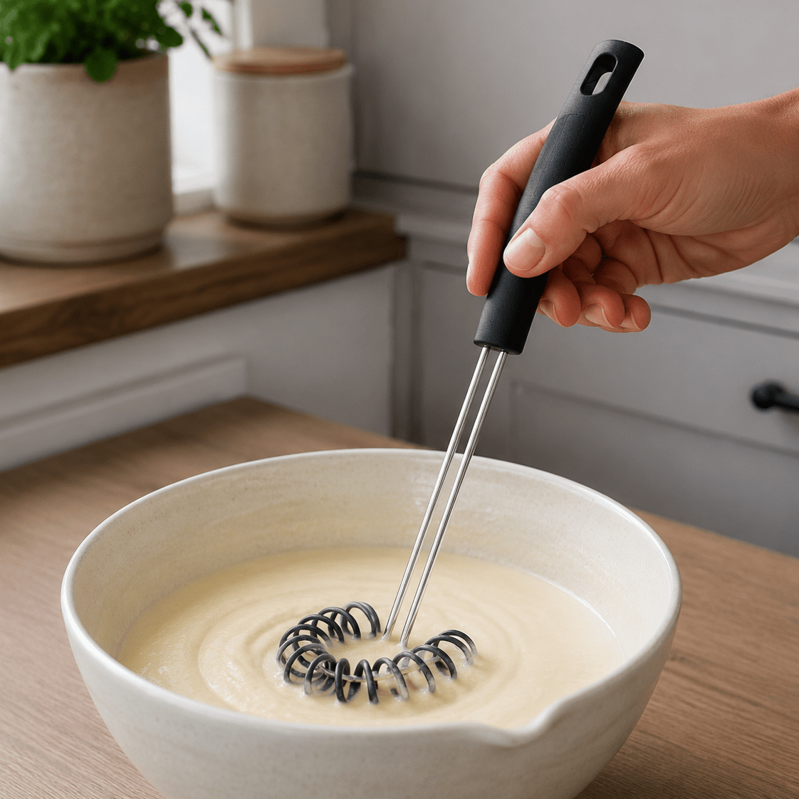 En praktisk och genial visp med ergonomisk grepp.