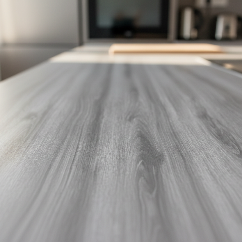 Stilrent kjøkken med grå eik kontaktplast på kjøkkenøy og fronter