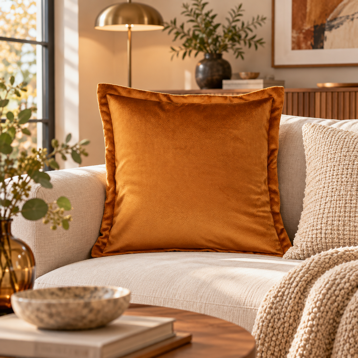 Kamelfarget putetrekk i skinnlook 50 x 50 cm i lys sofa med varm og moderne innredning