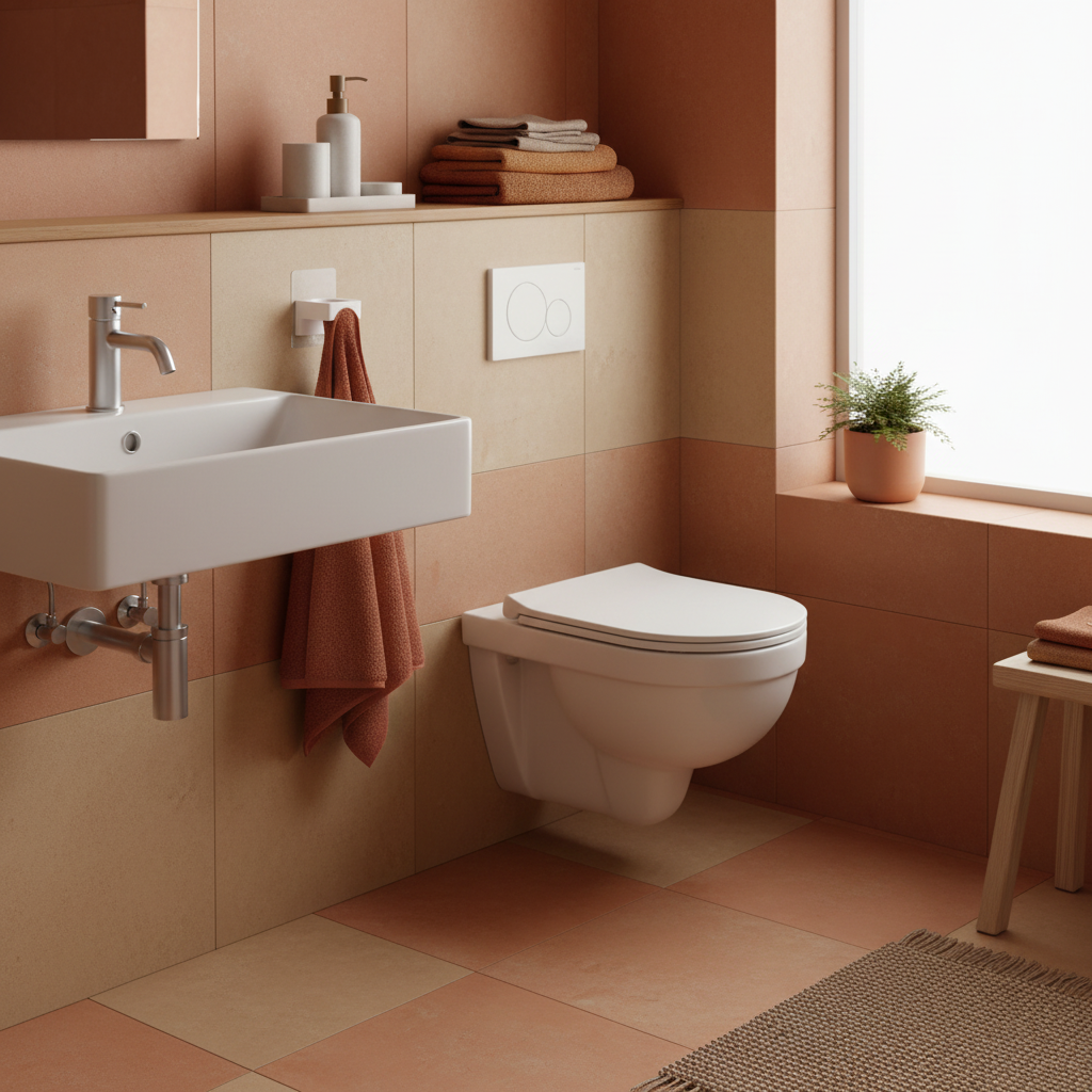 Beige/terracotta bad med varme håndklær