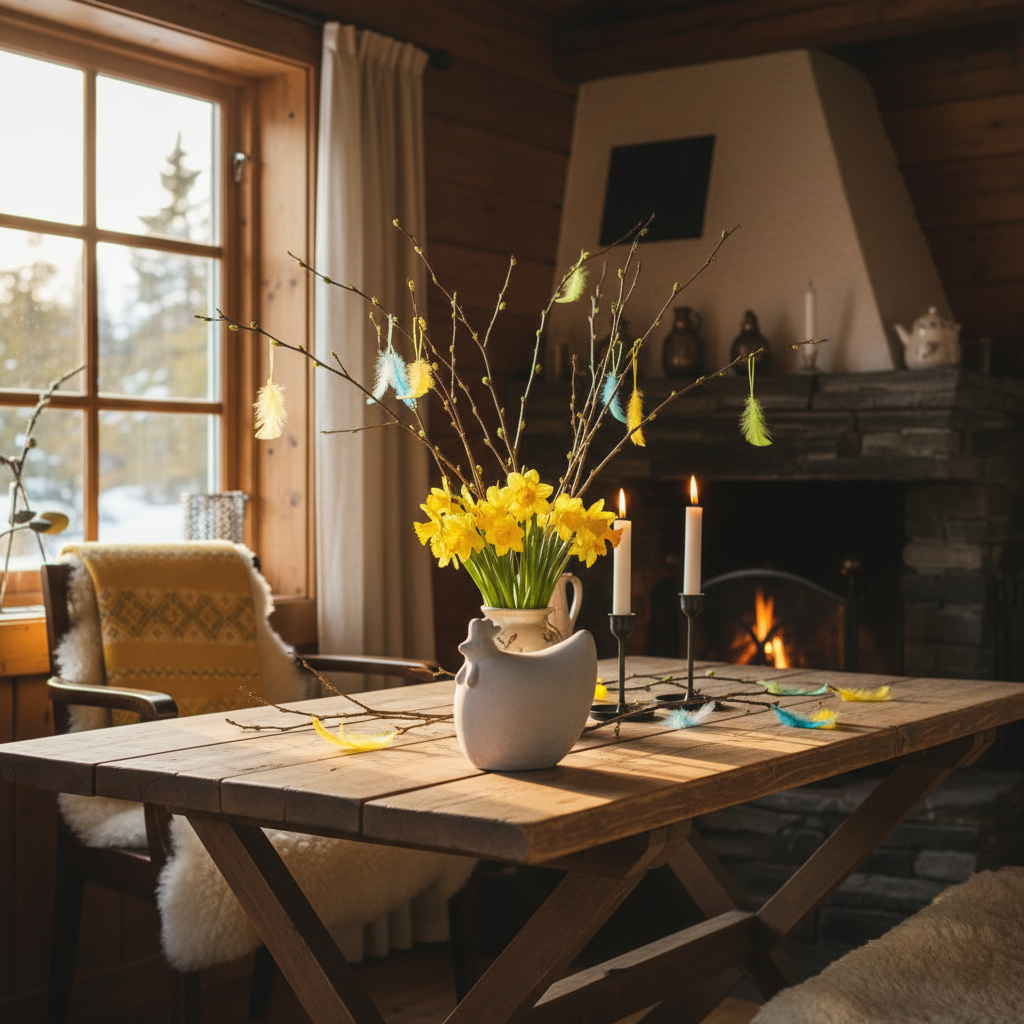 Betonghøne stor på påskepyntet hyttebord