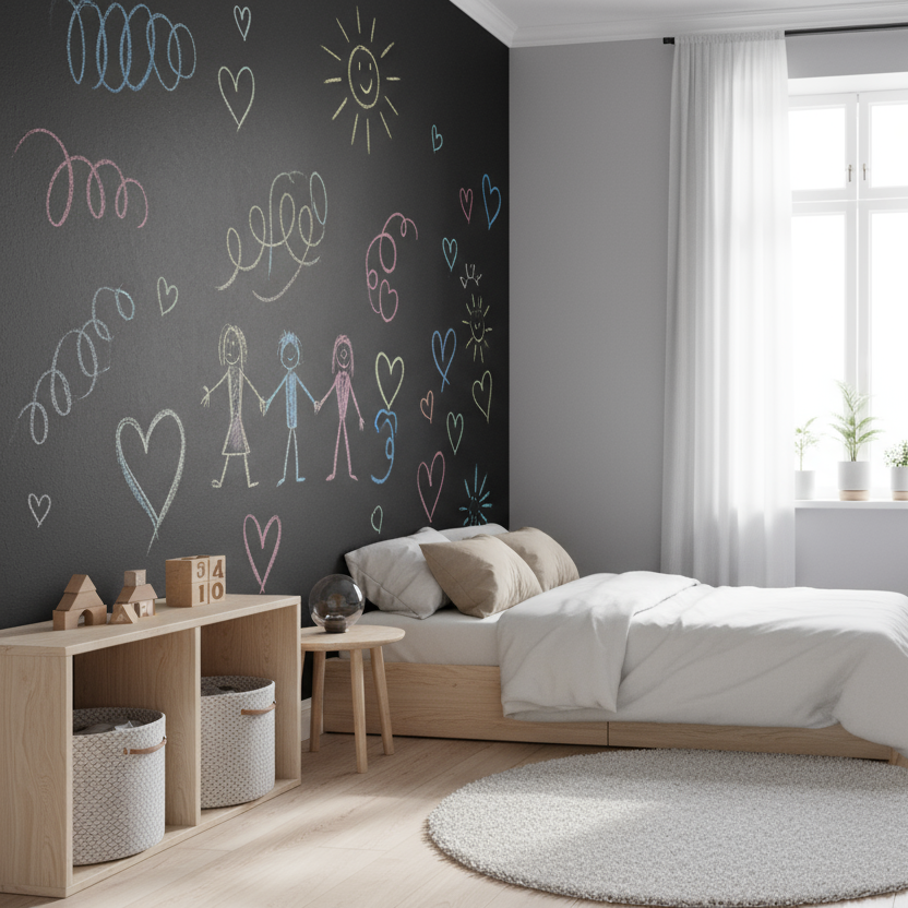 Bilde av barnerom i nordisk stil med deler av veggen dekt av sort tavlefolie som har tegninger på seg