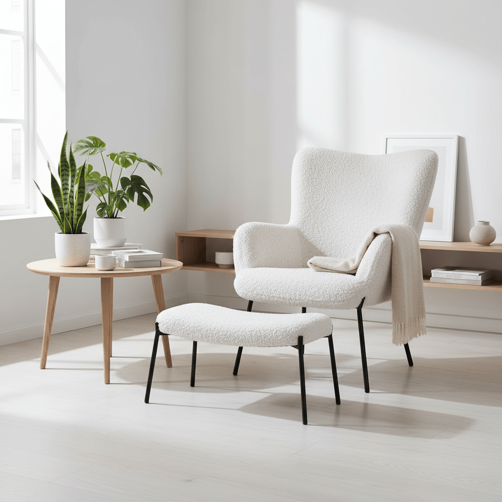 Glasglow sett lounge stol og puff hvit - Lindas Dekor