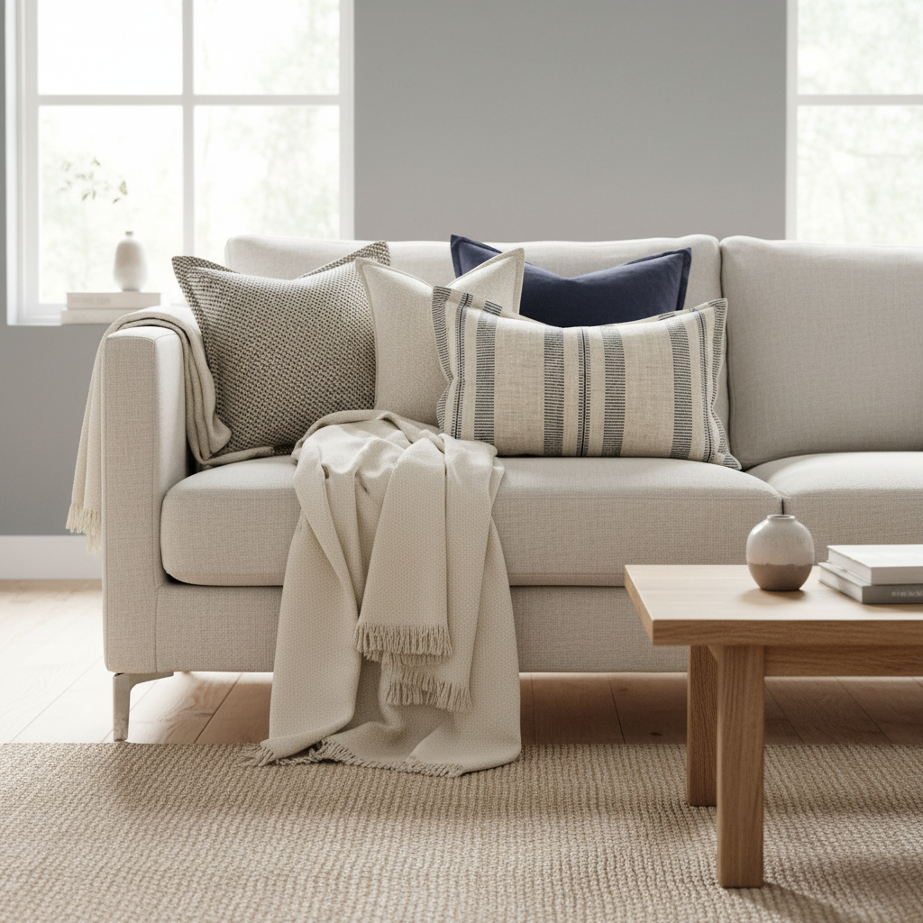 Beige og blå basepute til stue og soverom