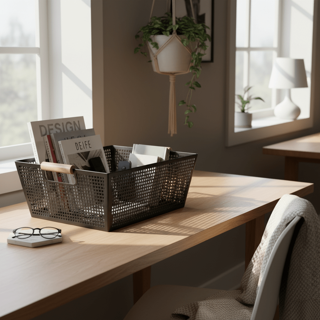 Oppbevaringskurv med håndtak i sort metall og tre 38 x 26 x 14 cm - Lindas Dekor Oppbevaringskurv