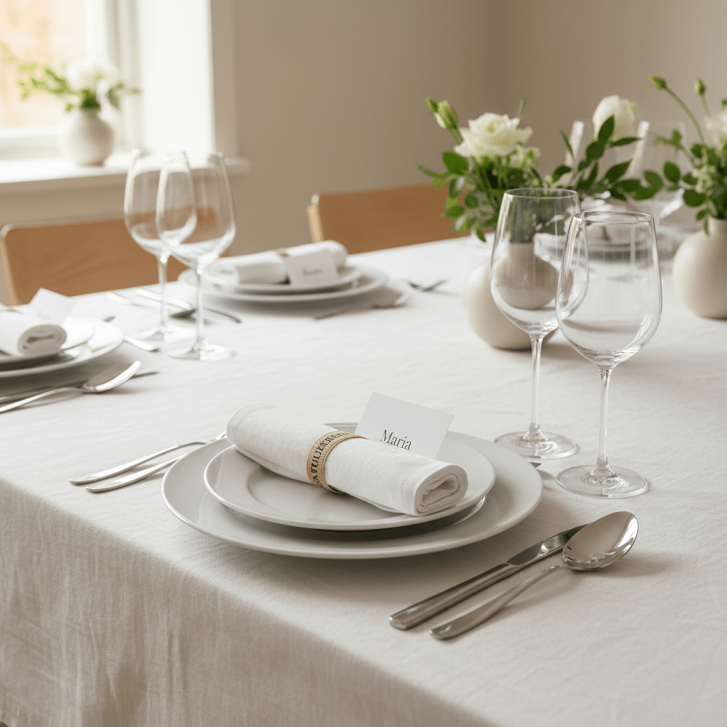 Beige «Gratulerer»-bånd brukt som serviettring på et lyst og elegant dekket bord. - Lindas dekor