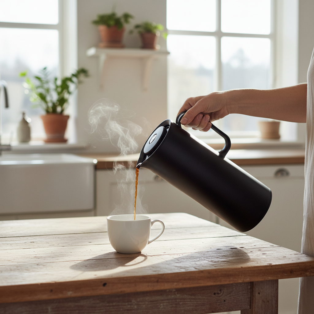 svart termokanne 1 liter med håndtak og lokk