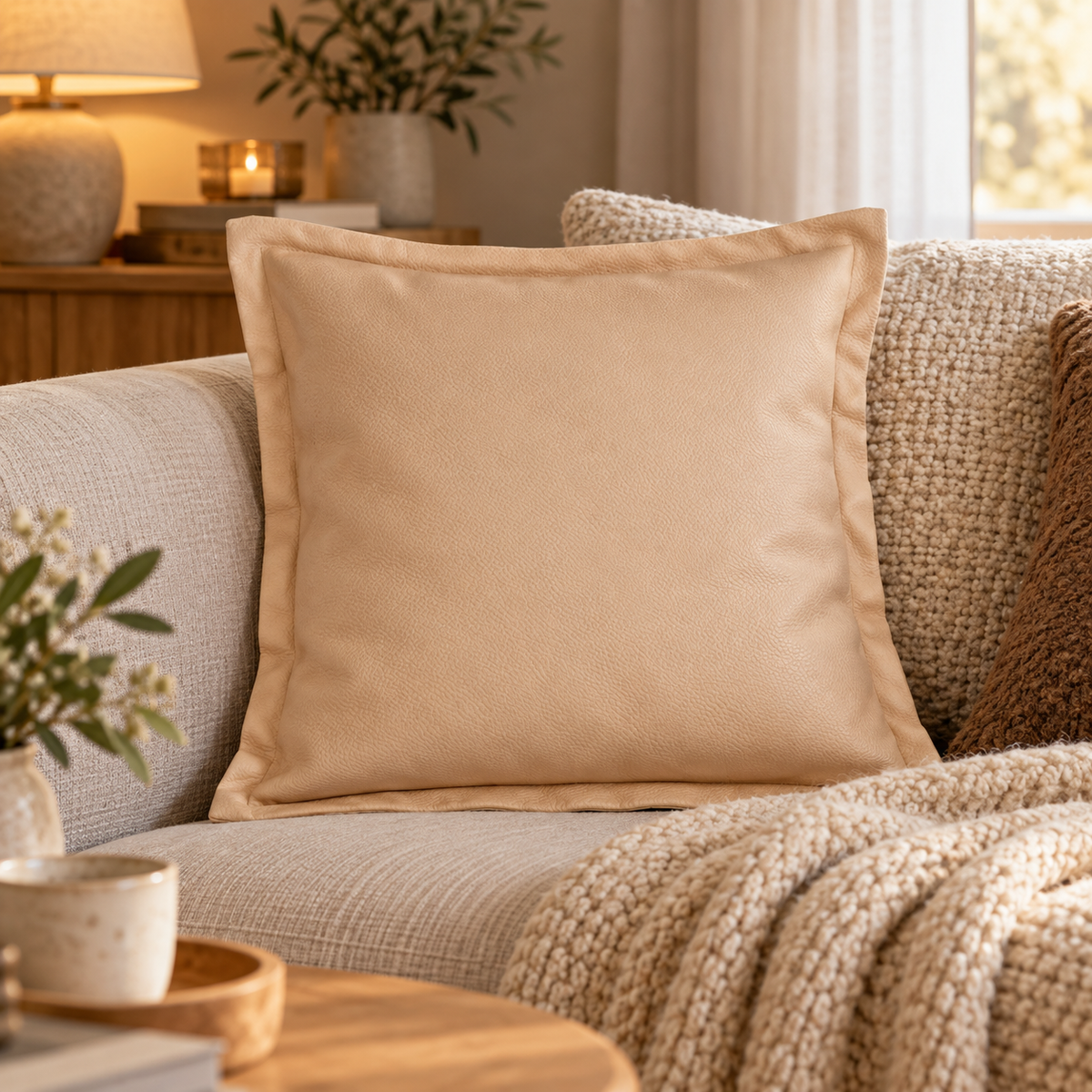 Beige pyntepute i skinnlook 50 x 50 cm i lys sofa med mykt pledd og varm belysning
