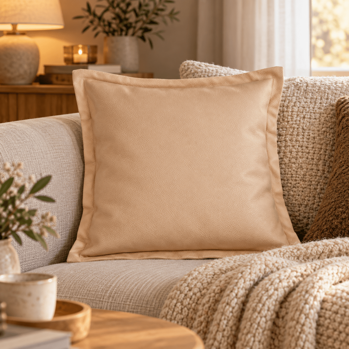 Beige pyntepute i skinnlook 50 x 50 cm i lys sofa med mykt pledd og varm belysning