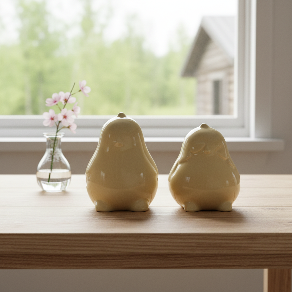 DBKD Chubby chicken gule keramikkhøner ved hyttevindu med vårblomst og naturlig lys.