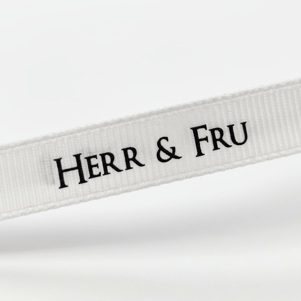 Nærbilde av hvitt gavebånd med sort «Herr & Fru»-tekst som viser tekst, struktur og bredde tydelig. - Lindas dekor