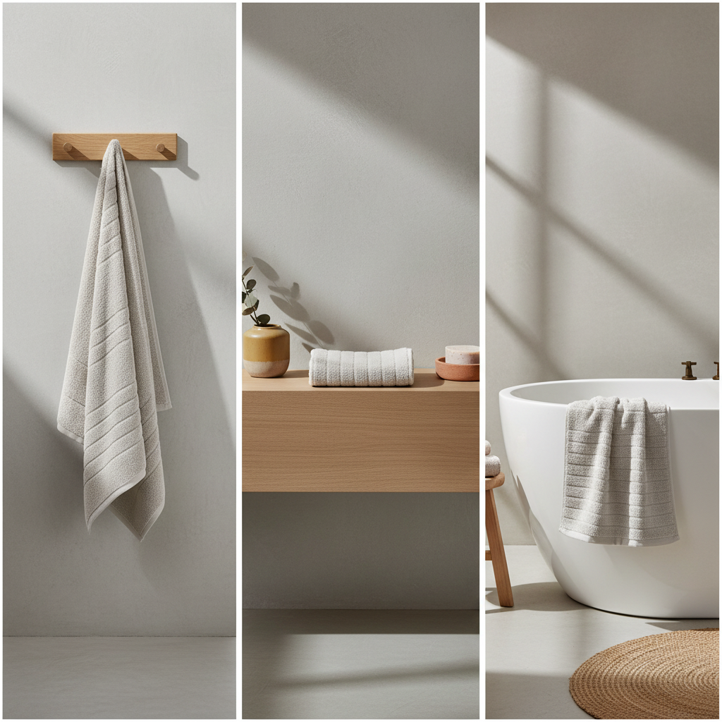 Mykt håndkle i dempet grå farge brettet på bad