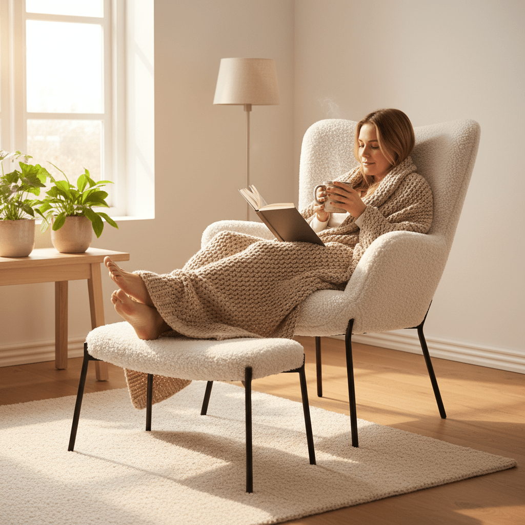 Glasglow sett lounge stol og puff hvit - Lindas Dekor