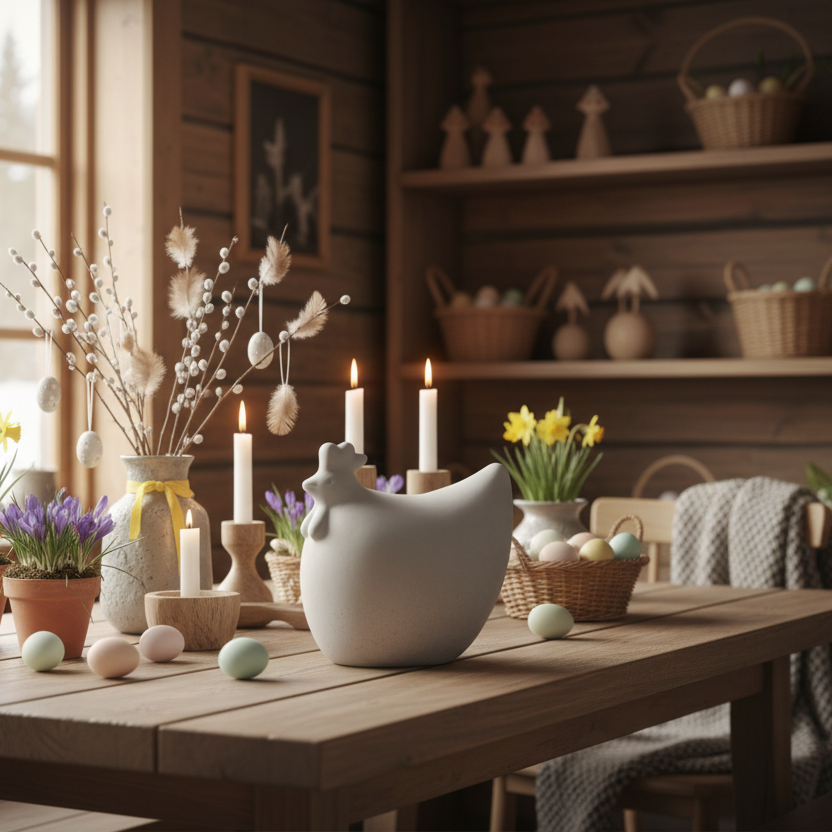 DBKD betonghøne stor 18 cm i grå betong som påskepynt i rustikk norsk hytteinteriør med vårblomster og naturlig lys.