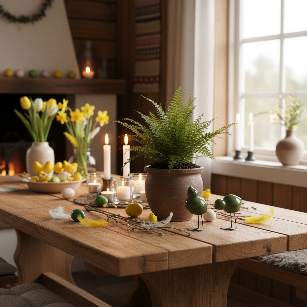 DBKD Pure brun keramikkpotte med plante på rustikk hyttebord med påskepynt og naturlig lys.