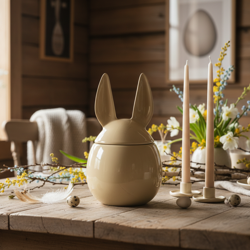 Spisende Hare keramikkkrukke diameter 11,5 cm på trebord i gyllent lys med bjørkekvister og vårdekorasjon.