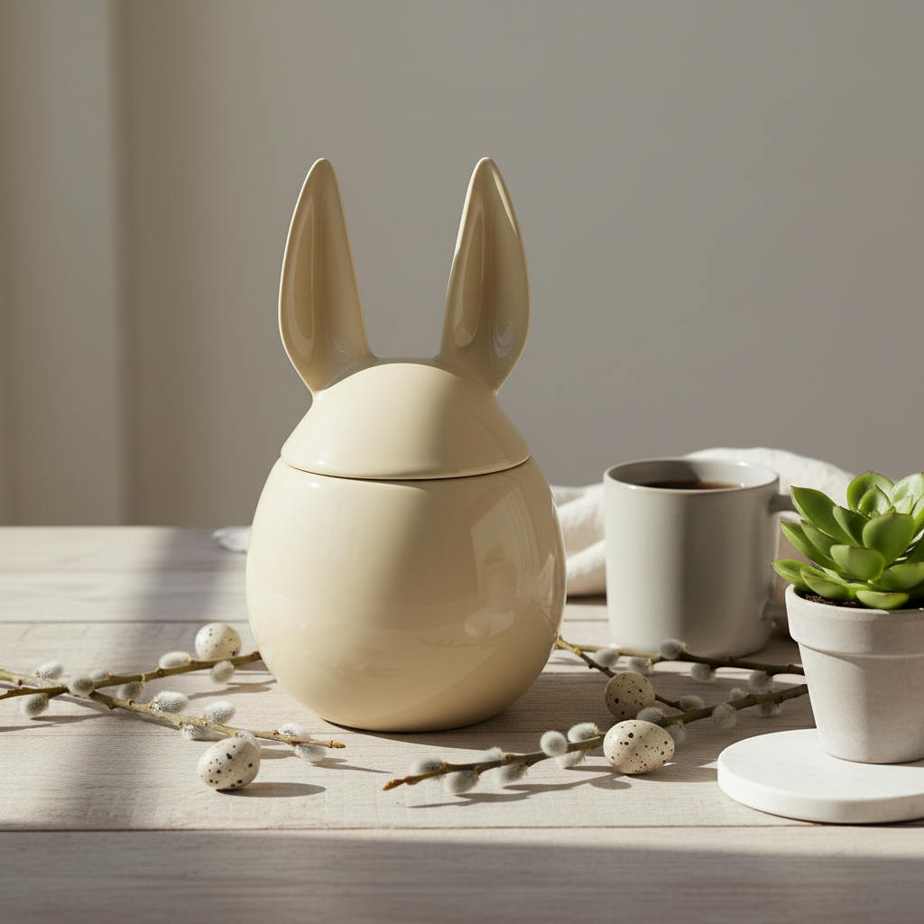 Blank gul keramikkkrukke med haremotiv og lokk 20 cm høy perfekt til påskedekorasjon.