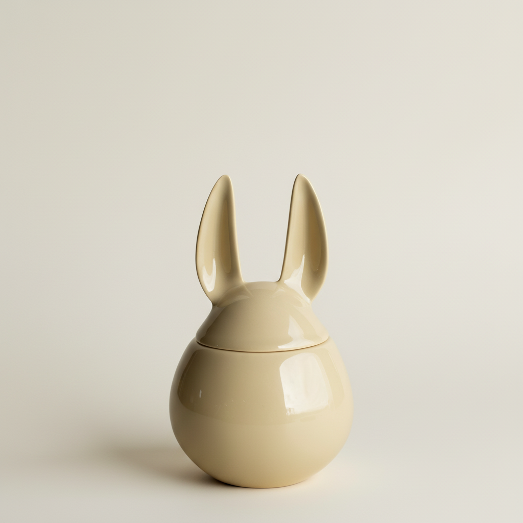 Gul keramikkkrukke med haremotiv og lokk 8,5 cm diameter food safe til kjøkken og bad.