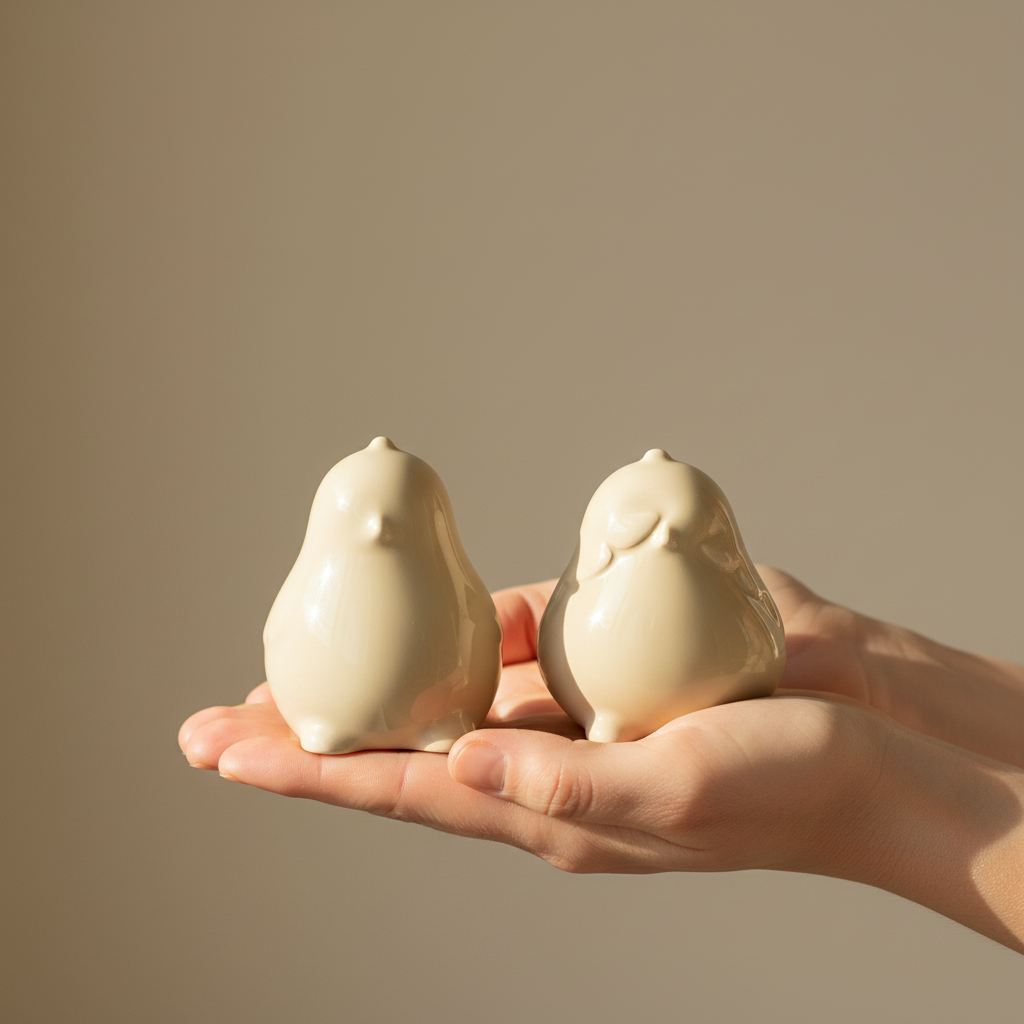 To Chubby chicken dekorfigurer i blank gul keramikk diameter 7 cm på hvit hyttehylle.