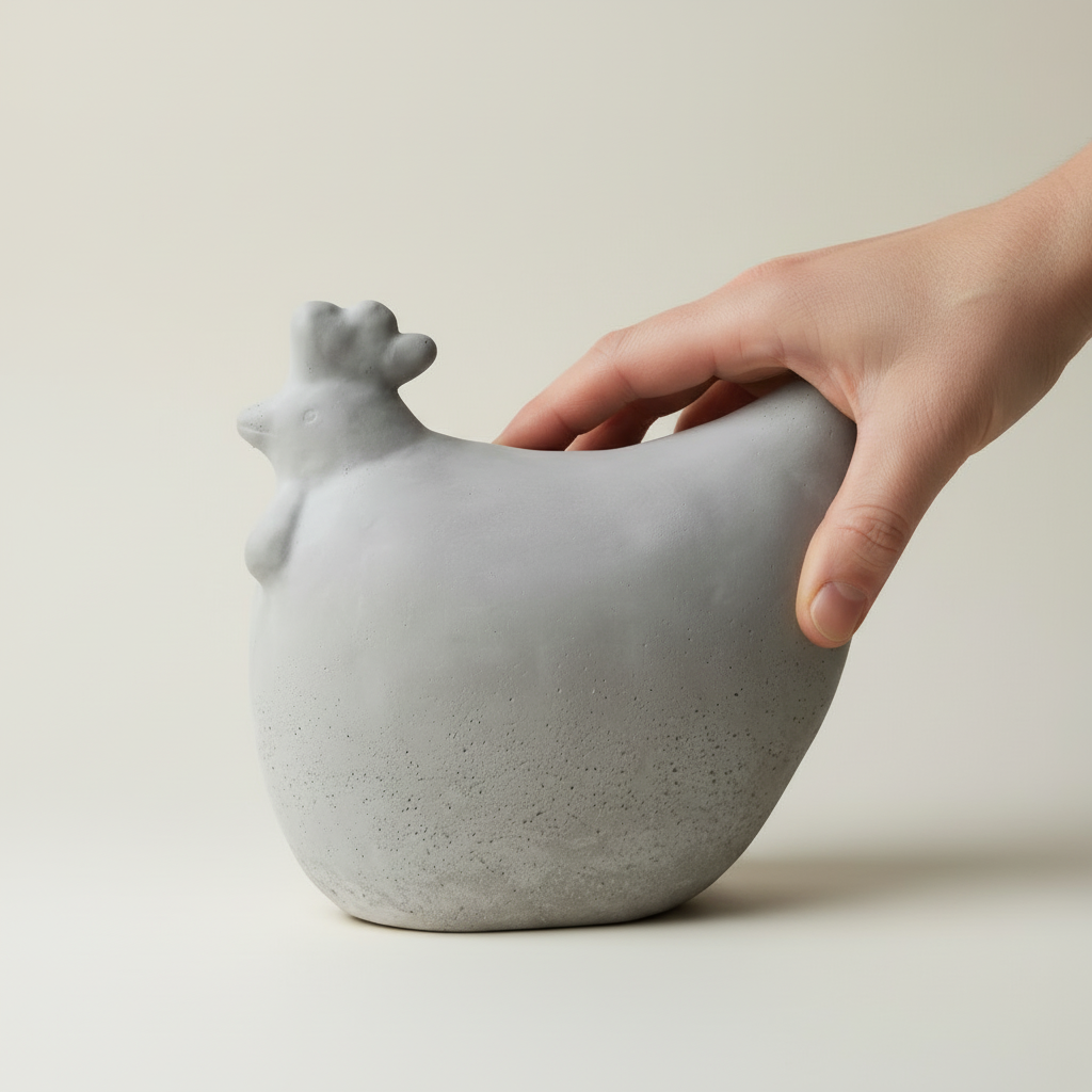 Dekorhøne i betong 19 x 13 cm robust form passer til krukker og utendørs dekorasjon.