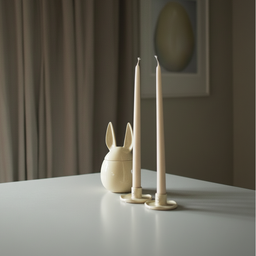 Tre DBKD hareskåler i gul keramikk med lokk i forskjellige størrelser som påskepynt.